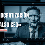 Videollamada de Zoom con efecto de distorsión facial y glitch digital representando un ataque de deepfake contra un CEO.