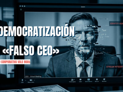 Videollamada de Zoom con efecto de distorsión facial y glitch digital representando un ataque de deepfake contra un CEO.