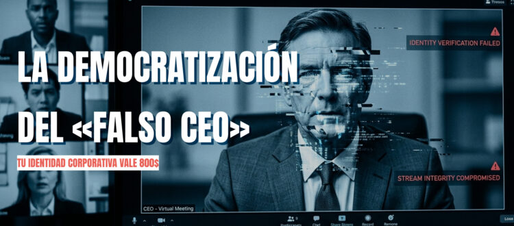 Videollamada de Zoom con efecto de distorsión facial y glitch digital representando un ataque de deepfake contra un CEO.